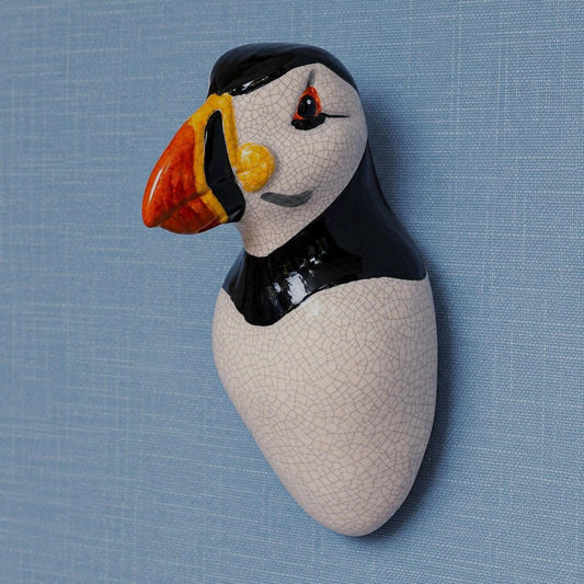 Handmade Puffin ceramic wall sculpture by Jed Boyle.