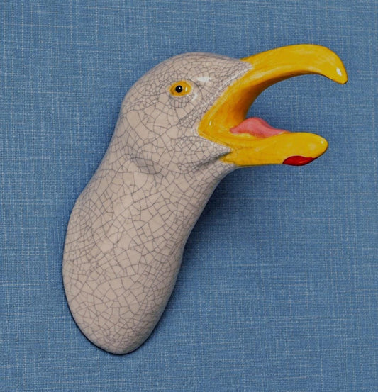 Handmade ceramic Squawking Seagull wall sculpture by Jed Boyle